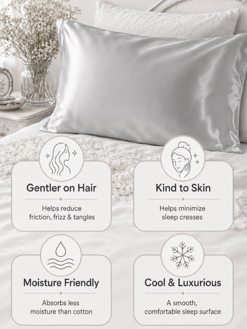 NEW Satin Pillowcases - Silver (2 Pack)